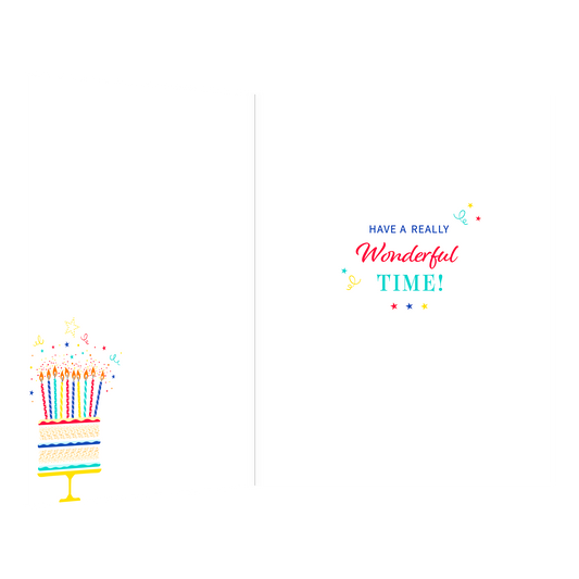De binnenzijde van de wenskaart is bedrukt met een ontwerp passend bij de voorzijde van de kaart en de tekst "Have a really wonderful time!".