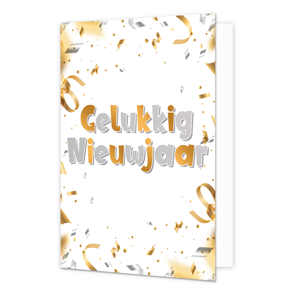Gelukkig nieuwjaar - 8 stuks - Formaat: Normaal - Vorm: Staand - Kerstkaart - Op deze wenskaart staat een feestelijk ontwerp tegen een witte achtergrond. Centraal op de kaart staat de tekst "Gelukkig Nieuwjaar" in grote, afgeronde letters. De letters hebben een speelse afwisseling tussen goud- en zilverkleuren, met een subtiel schaduweffect dat diepte geeft. Rondom de tekst is de kaart rijkelijk versierd met dwarrelende slingers en confetti in glanzende goud- en zilverkleurige tinten. - Snelwenskaart