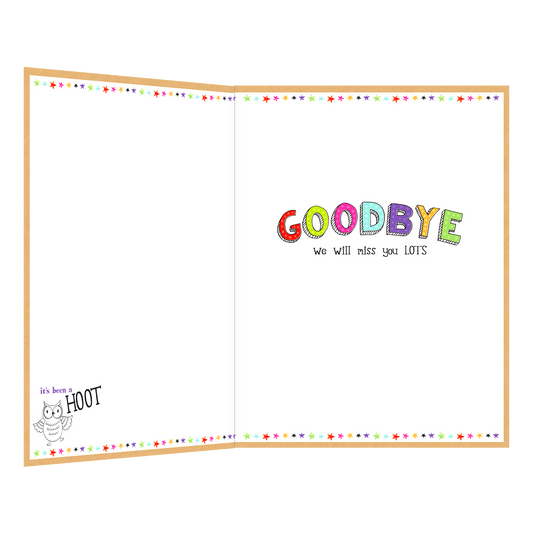 De binnenzijde van de wenskaart is bedrukt met een ontwerp passend bij de voorzijde van de kaart en de tekst "Goodbye we will miss you LOTS".