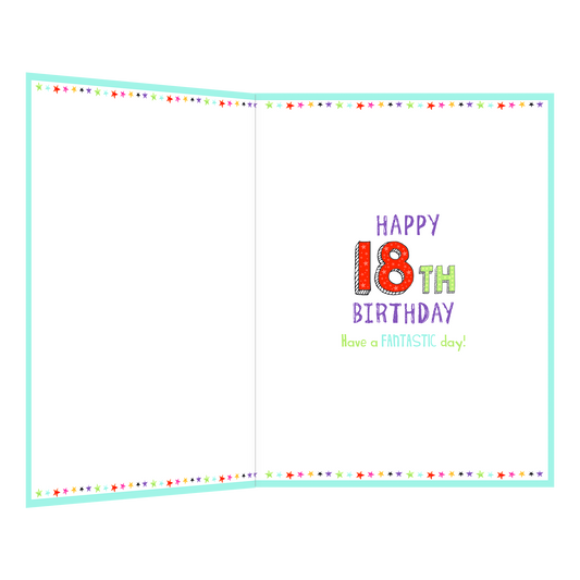 De binnenzijde van de wenskaart is bedrukt met een ontwerp passend bij de voorzijde van de kaart en de tekst "Happy 18th birthday have a fantastic day!".