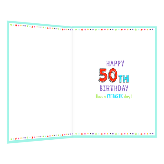 De binnenzijde van de wenskaart is bedrukt met een ontwerp passend bij de voorzijde van de kaart en de tekst "Happy 50th birthday have a fantastic day!".