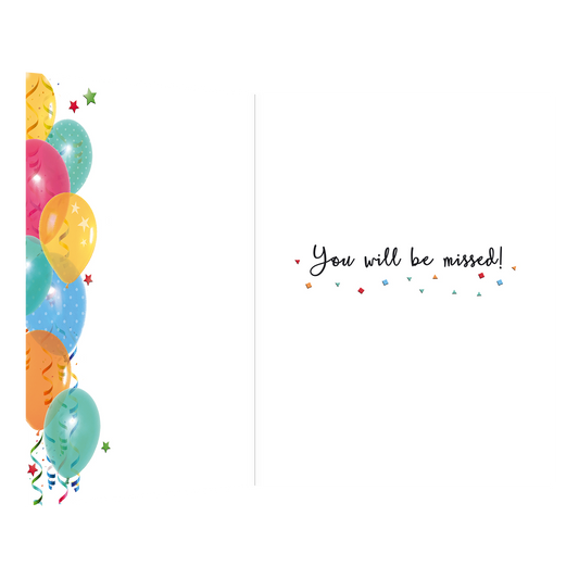 De binnenzijde van de wenskaart is bedrukt met een ontwerp passend bij de voorzijde van de kaart en de tekst "You will be missed!".