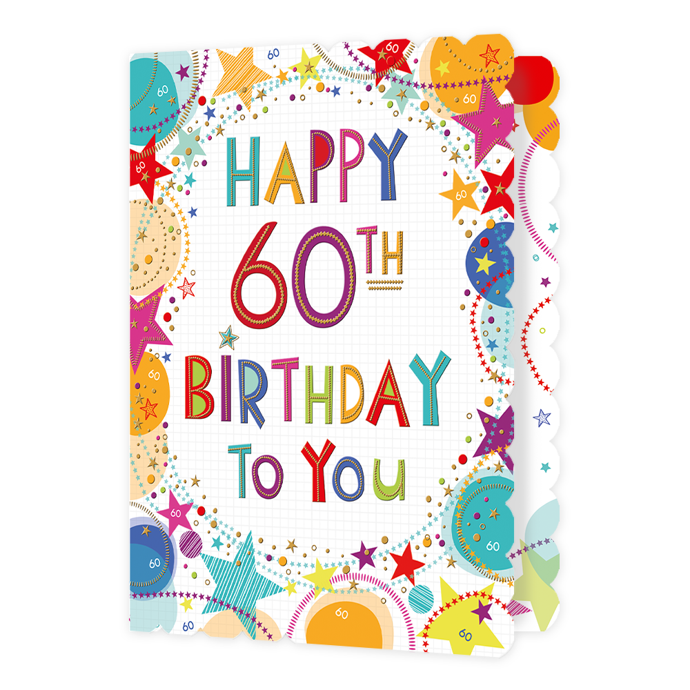 Op deze wenskaart staan sterren en stippen in de kleuren rood, geel, oranje, roze, blauw en beige, met in het midden de tekst: "Happy 60th birthday to you".