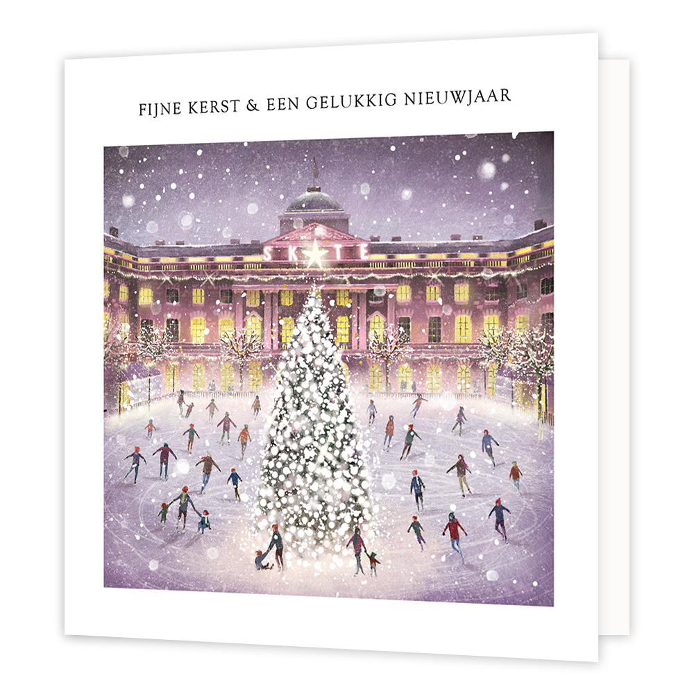 Op deze kerstkaart staat een paleis met een schaatsbaan ervoor en de tekst: "Fijne kerst & een gelukkig nieuwjaar".