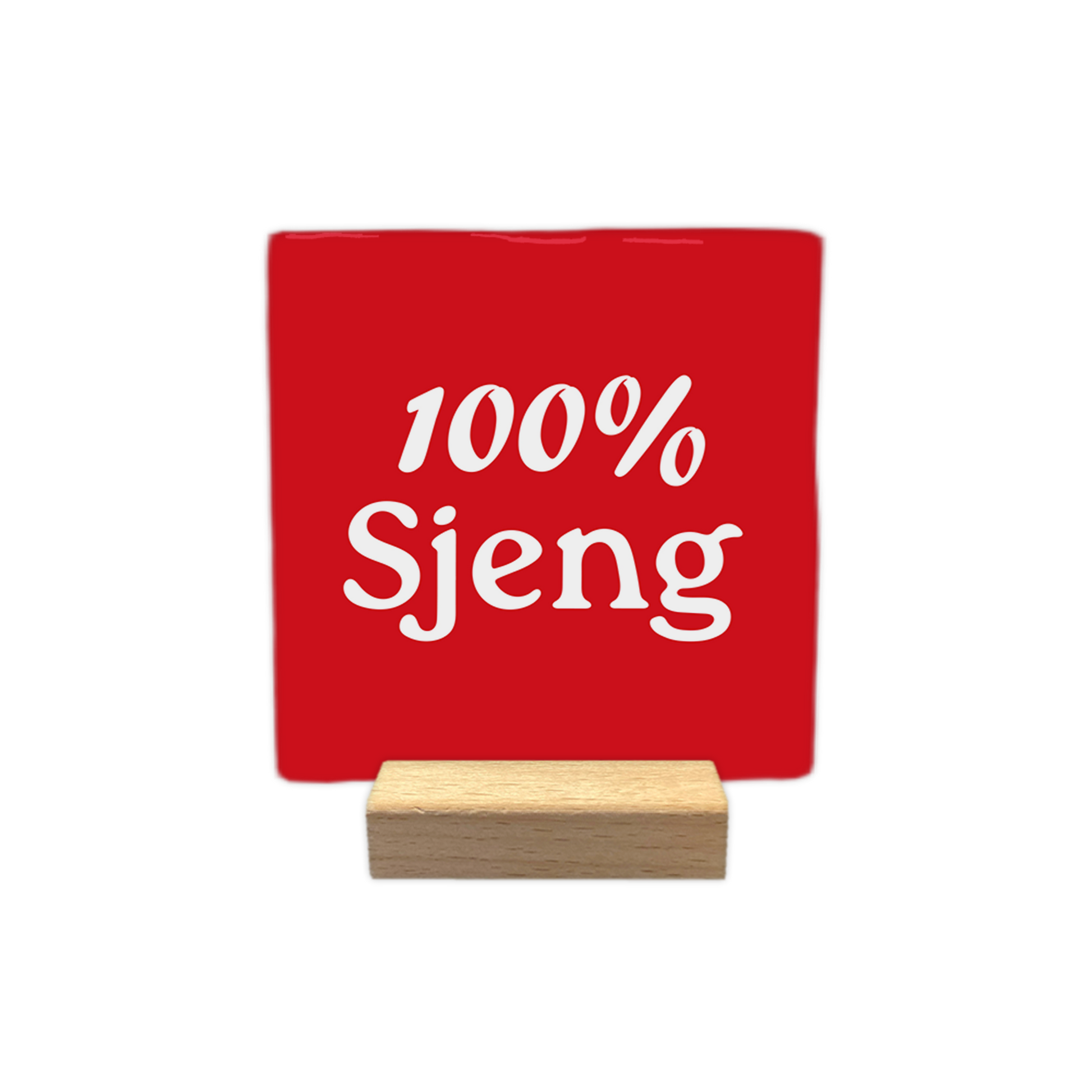 100% Sjeng - Decoratie tegel - Formaat: - Op deze decoratie tegel staat de witte tekst "100% Sjeng" centraal afgebeeld tegen een rode achtergrond. Het ontwerp is strak en minimalistisch van vorm. - Snelwenskaart