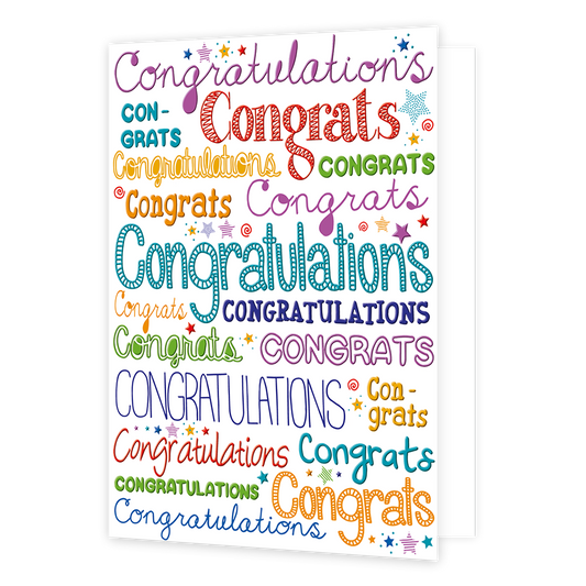 Congratulations - Formaat: Groot - Vorm: Staand - Felicitatiekaart - Op deze wenskaart staat meerder keren in verschillende kleuren en lettertypen de woorden 'congrats' en 'congratulations'. Tussen de woorden in staat hier en daar een gekleurde ster. - Snelwenskaart