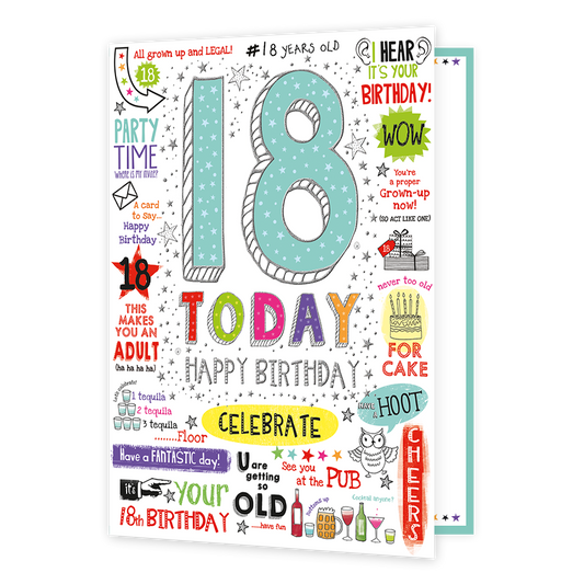 18 today happy birthday - Formaat: Groot - Vorm: Staand - Verjaardagskaart - Op deze wenskaart staat in het groot '18 today happy birthday'. Om de tekst heen staan verschillende verjaardag wensen en opmerkingen. - Snelwenskaart