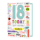 18 today happy birthday - Formaat: Groot - Vorm: Staand - Verjaardagskaart - Op deze wenskaart staat in het groot '18 today happy birthday'. Om de tekst heen staan verschillende verjaardag wensen en opmerkingen. - Snelwenskaart