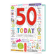 50 today happy birthday - Formaat: Groot - Vorm: Staand - Verjaardagskaart - Op deze wenskaart staat in het groot '50 today happy birthday'. Om de tekst heen staan verschillende verjaardag wensen en opmerkingen. - Snelwenskaart