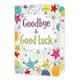 Goodbye & Good Luck - Formaat: Groot - Vorm: Staand - Afscheidskaart - Op deze wenskaart staat in het midden in de kleuren paars, blauw en groen de tekst 'goodbye & good luck'. Om de tekst heen staan meerder sterren in verschillende kleuren. In sommige sterren staat in het klein 'Goodbye' of 'Good luck'. - Snelwenskaart