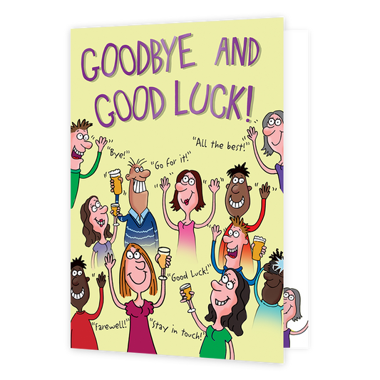 Goodbye and good luck - Formaat: Groot - Vorm: Staand - Afscheidskaart - Op deze wenskaart staan verschillende cartoon figuren. Boven de catroon figuren staat in het paars de tekst 'Goodbye and good luck!'. - Snelwenskaart