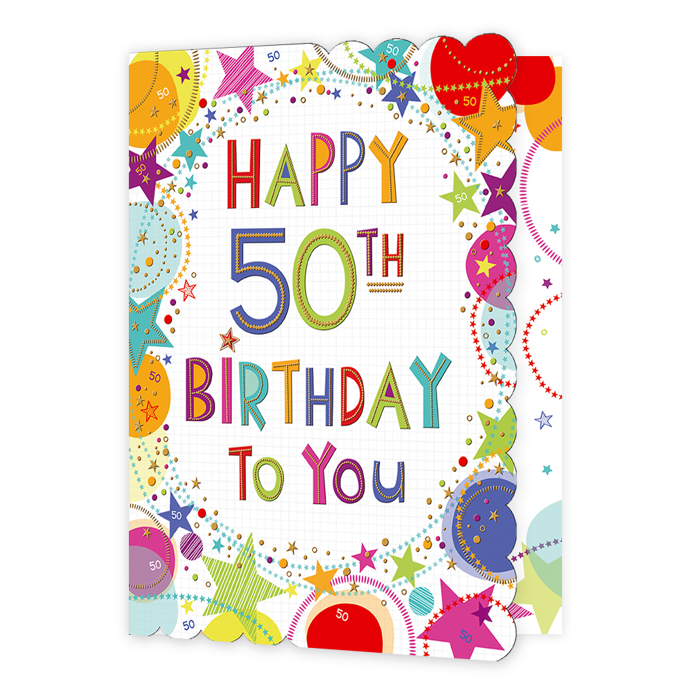 Happy 50th birthday to you - Formaat: Groot - Vorm: Staand - Verjaardagskaart - Op deze wenskaart staat in het midden van de kaart in verschillende kleuren de tekst 'Happy 50th birthdat to you'. Om de tekst heen staan rondjes en sterren in meerdere kleuren. - Snelwenskaart