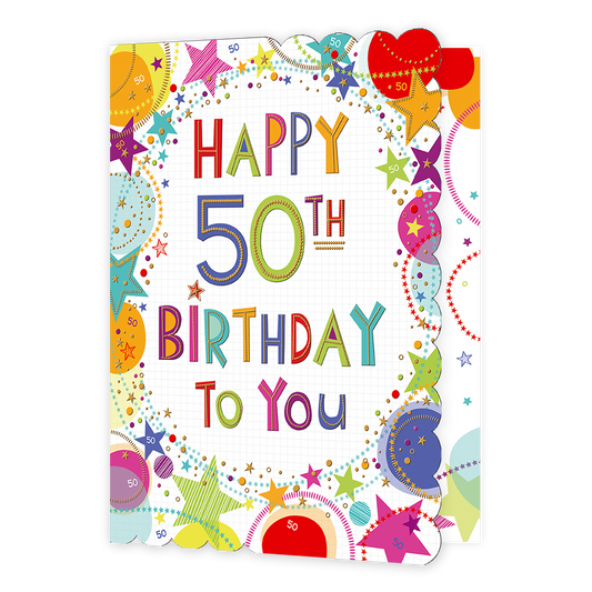 Happy 50th birthday to you - Formaat: Groot - Vorm: Staand - Verjaardagskaart - Op deze wenskaart staat in het midden van de kaart in verschillende kleuren de tekst 'Happy 50th birthdat to you'. Om de tekst heen staan rondjes en sterren in meerdere kleuren. - Snelwenskaart