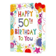 Happy 50th birthday to you - Formaat: Groot - Vorm: Staand - Verjaardagskaart - Op deze wenskaart staat in het midden van de kaart in verschillende kleuren de tekst 'Happy 50th birthdat to you'. Om de tekst heen staan rondjes en sterren in meerdere kleuren. - Snelwenskaart