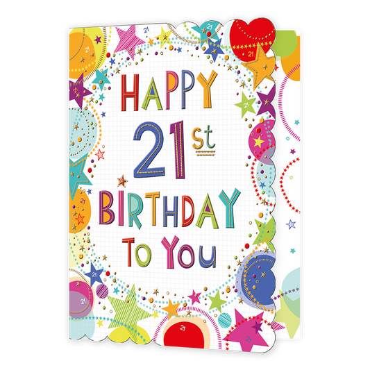 Happy 21th birthday to you - Formaat: Groot - Vorm: Staand - Verjaardagskaart - Op deze wenskaart staat in het midden van de kaart in verschillende kleuren de tekst 'Happy 21th birthdat to you'. Om de tekst heen staan rondjes en sterren in meerdere kleuren. - Snelwenskaart