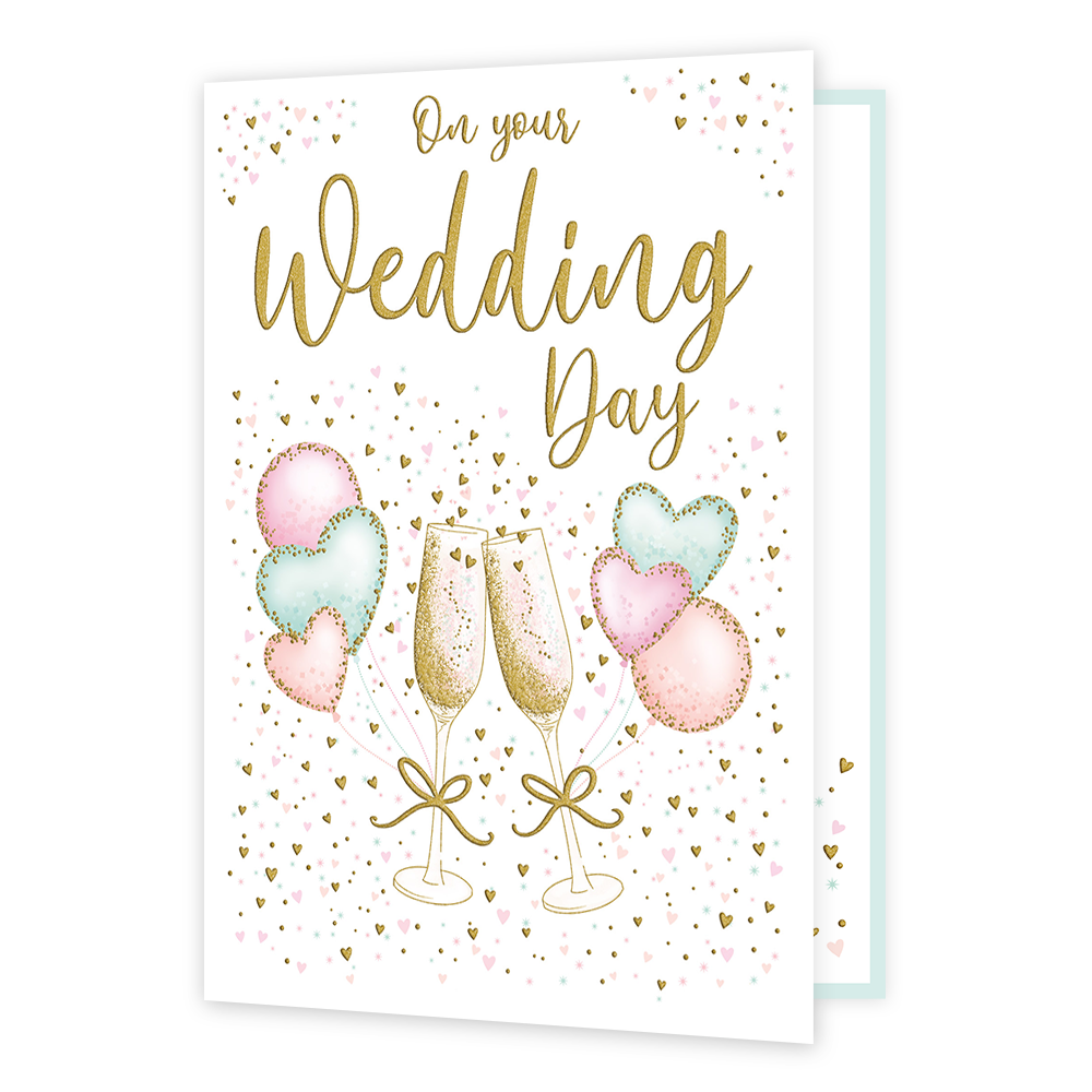 On your wedding day - Formaat: Groot - Vorm: Staand - Huwelijkskaart - Op deze wenskaart staat in het goud de tekst 'On your wedding day'. Onder de tekst staan twee champagne glazen met daaraan hartjes vormige ballonnen. De kaart is versierd met gouden, blauwe en roze hartjes. - Snelwenskaart