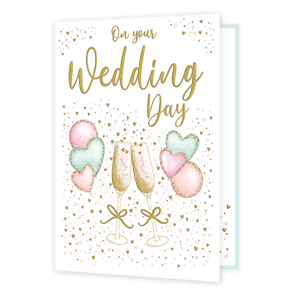 On your wedding day - Formaat: Groot - Vorm: Staand - Huwelijkskaart - Op deze wenskaart staat in het goud de tekst 'On your wedding day'. Onder de tekst staan twee champagne glazen met daaraan hartjes vormige ballonnen. De kaart is versierd met gouden, blauwe en roze hartjes. - Snelwenskaart