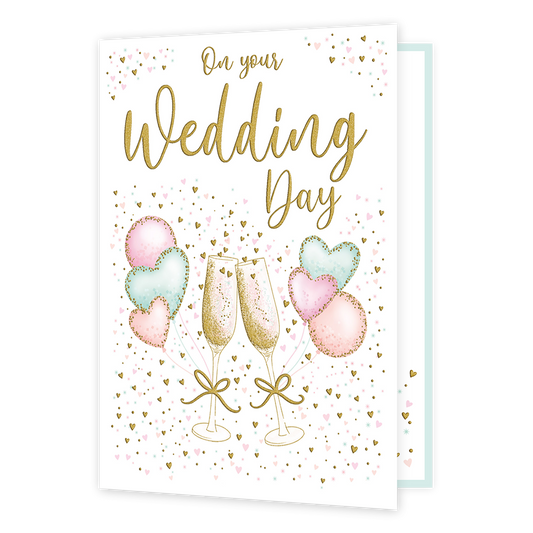 On your wedding day - Formaat: Groot - Vorm: Staand - Huwelijkskaart - Op deze wenskaart staat in het goud de tekst 'On your wedding day'. Onder de tekst staan twee champagne glazen met daaraan hartjes vormige ballonnen. De kaart is versierd met gouden, blauwe en roze hartjes. - Snelwenskaart