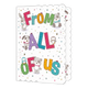 From all of us - Formaat: Groot - Vorm: Staand - Bedankkaart - Op deze wenskaart staat de tekst 'From all of us'. Bij een aantal letters staan dieren zoals een konijn, hond, beer en vogel. Over de gehele kaart staan meerdere kleine sterren. - Snelwenskaart