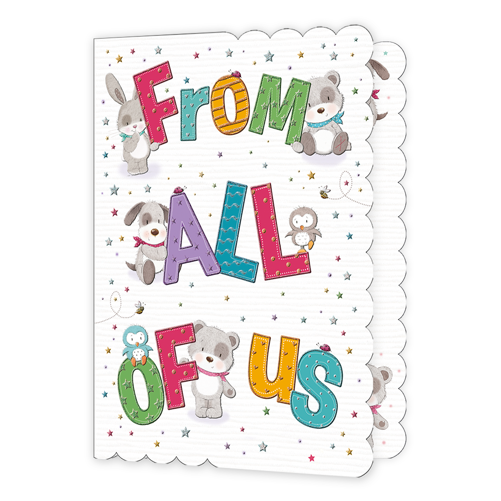 XL kaart - From all of us - Formaat: Groot - Vorm: Staand - Bedankkaart - Op deze wenskaart staat de tekst 'From all of us'. Bij een aantal letters staan dieren zoals een konijn, hond, beer en vogel. Over de gehele kaart staan meerdere kleine sterren. - Snelwenskaart