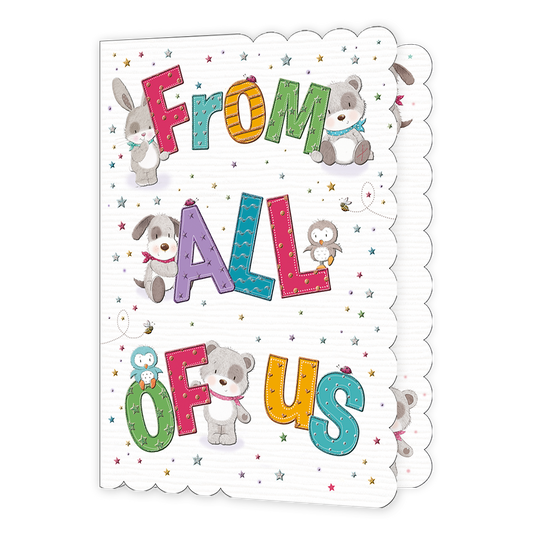 XL kaart - From all of us - Formaat: Groot - Vorm: Staand - Bedankkaart - Op deze wenskaart staat de tekst 'From all of us'. Bij een aantal letters staan dieren zoals een konijn, hond, beer en vogel. Over de gehele kaart staan meerdere kleine sterren. - Snelwenskaart