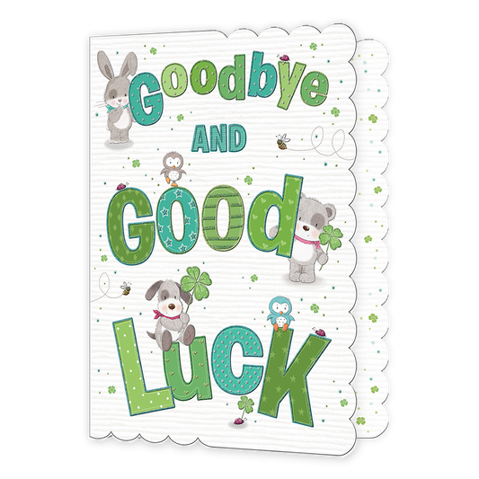 XL kaart - Goodbye and good luck - Formaat: Groot - Vorm: Staand - Afscheidskaart - Op deze wenskaart staat in het groen en blauw de tekst 'Goodbye and good luck'. Om de tekst heen staan verschillende dieren. De kaart is versierd met meerdere klavertjes vier. - Snelwenskaart