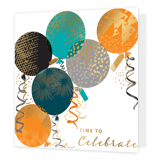 Time to celebrate - Formaat: Standaard - Vorm: Vierkant - Felicitatiekaart - Op deze wenskaart staat de tekst 'Time to celebrate' bedrukt in goudfolie rechtsonderin de hoek. Boven deze tekst staan ballonnen in verschillende kleuren als blauw, donkerblauw, grijs en oranje. Alle ballonnen hebben details erop gedrukt in goudfolie. - Snelwenskaart