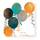 Time to celebrate - Formaat: Standaard - Vorm: Vierkant - Felicitatiekaart - Op deze wenskaart staat de tekst 'Time to celebrate' bedrukt in goudfolie rechtsonderin de hoek. Boven deze tekst staan ballonnen in verschillende kleuren als blauw, donkerblauw, grijs en oranje. Alle ballonnen hebben details erop gedrukt in goudfolie. - Snelwenskaart