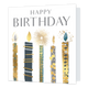 Happy birthday - Formaat: Standaard - Vorm: Vierkant - Verjaardagskaart - Op deze wenskaart staat de tekst 'Happy birthday' in grijze letters. Eronder komen van onderuit de kaart kaarsen. Deze kaarten hebben allemaal een grijs/blauwe kleur en een eigen unieke print met strepen, ruiten en vierkanten in goudfolie. - Snelwenskaart