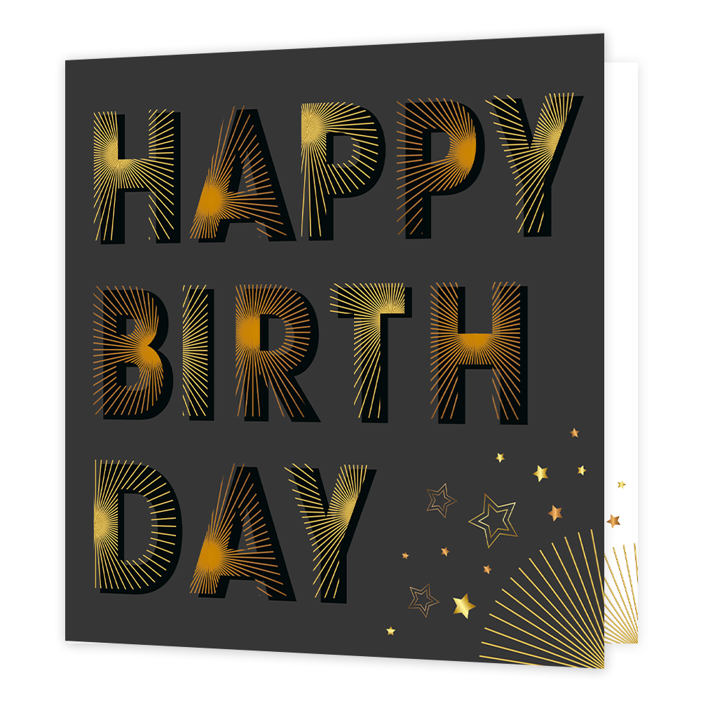 Happy birthday - Formaat: Standaard - Vorm: Vierkant - Verjaardagskaart - Op deze wenskaart staat de tekst 'Happy birthday' groot in beeld in zwarte letters. Op deze letters staan streepjes in gele en oranje kleur. Rechtsonder in de hoeok komen deze strepen ook nog uit de hoek met een aantal sterren erboven. - Snelwenskaart