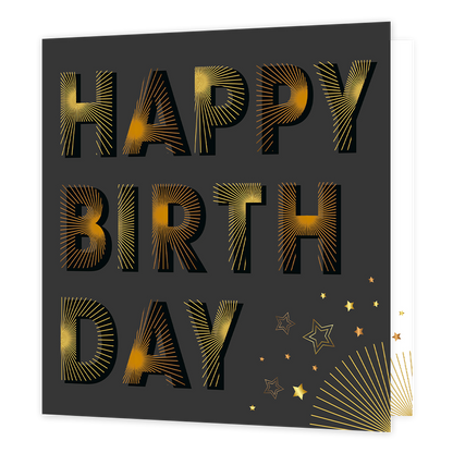 Happy birthday - Formaat: Standaard - Vorm: Vierkant - Verjaardagskaart - Op deze wenskaart staat de tekst 'Happy birthday' groot in beeld in zwarte letters. Op deze letters staan streepjes in gele en oranje kleur. Rechtsonder in de hoeok komen deze strepen ook nog uit de hoek met een aantal sterren erboven. - Snelwenskaart