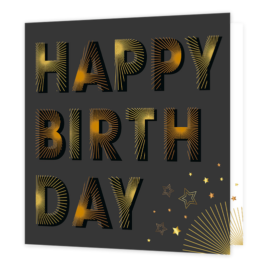 Happy birthday - Formaat: Standaard - Vorm: Vierkant - Verjaardagskaart - Op deze wenskaart staat de tekst 'Happy birthday' groot in beeld in zwarte letters. Op deze letters staan streepjes in gele en oranje kleur. Rechtsonder in de hoeok komen deze strepen ook nog uit de hoek met een aantal sterren erboven. - Snelwenskaart