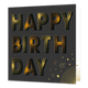 Happy birthday - Formaat: Standaard - Vorm: Vierkant - Verjaardagskaart - Op deze wenskaart staat de tekst 'Happy birthday' groot in beeld in zwarte letters. Op deze letters staan streepjes in gele en oranje kleur. Rechtsonder in de hoeok komen deze strepen ook nog uit de hoek met een aantal sterren erboven. - Snelwenskaart