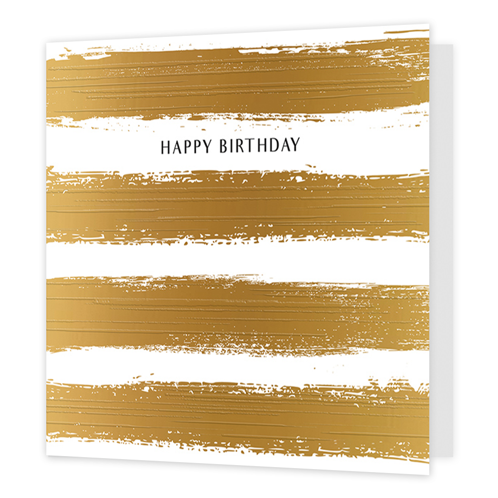 Happy birthday - Formaat: Standaard - Vorm: Vierkant - Verjaardagskaart - Op deze wenskaart staan geverfde strepen over de gehele kaart in het goud. Tussen deze strepen staat de tekst 'Happy birthday' in het zwart geschreven. - Snelwenskaart