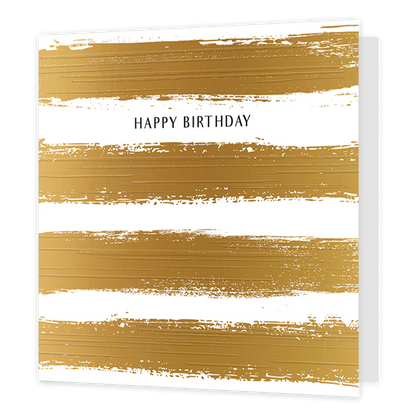 Happy birthday - Formaat: Standaard - Vorm: Vierkant - Verjaardagskaart - Op deze wenskaart staan geverfde strepen over de gehele kaart in het goud. Tussen deze strepen staat de tekst 'Happy birthday' in het zwart geschreven. - Snelwenskaart