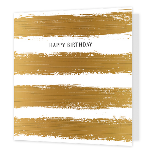 Happy birthday - Formaat: Standaard - Vorm: Vierkant - Verjaardagskaart - Op deze wenskaart staan geverfde strepen over de gehele kaart in het goud. Tussen deze strepen staat de tekst 'Happy birthday' in het zwart geschreven. - Snelwenskaart