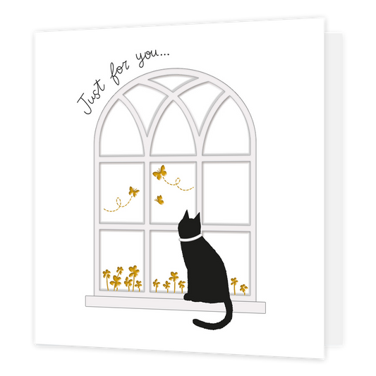 Just for you... - Formaat: Standaard - Vorm: Vierkant - Denken aan kaart - Op deze kaart staat een zwarte kat met een witte halsband naar buiten te kijken terwijl hij op het witte kozijn zit. De kat kijkt naar de gouden vlinders en planten die buiten te zien zijn. Boven het kozijn staat de tekst 'Just for you...'. Deze tekst is kromgetrokken naar de vorm van het kozijn. - Snelwenskaart