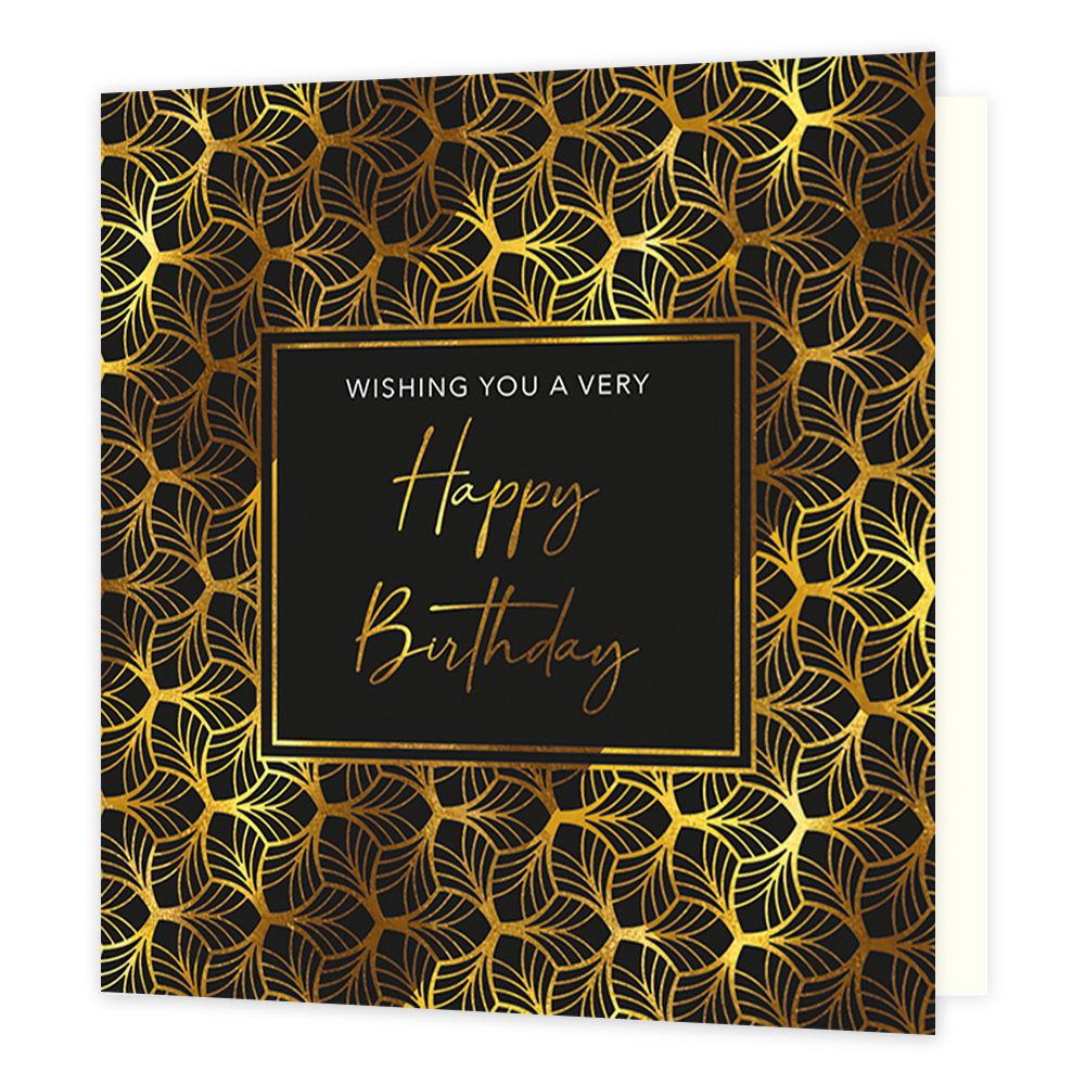 Wishing you a very happy birthday - Formaat: Standaard - Vorm: Vierkant - Verjaardagskaart - Op deze kaart staat de tekst 'Wishing you a very happy birthday' in wit en goud beschreven in de kader van een vierkant. Hier buitenom staan organische vormen in goud. - Snelwenskaart