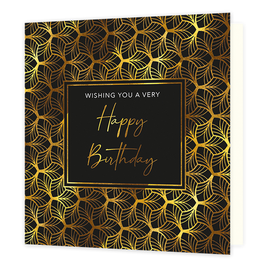 Wishing you a very happy birthday - Formaat: Standaard - Vorm: Vierkant - Verjaardagskaart - Op deze kaart staat de tekst 'Wishing you a very happy birthday' in wit en goud beschreven in de kader van een vierkant. Hier buitenom staan organische vormen in goud. - Snelwenskaart