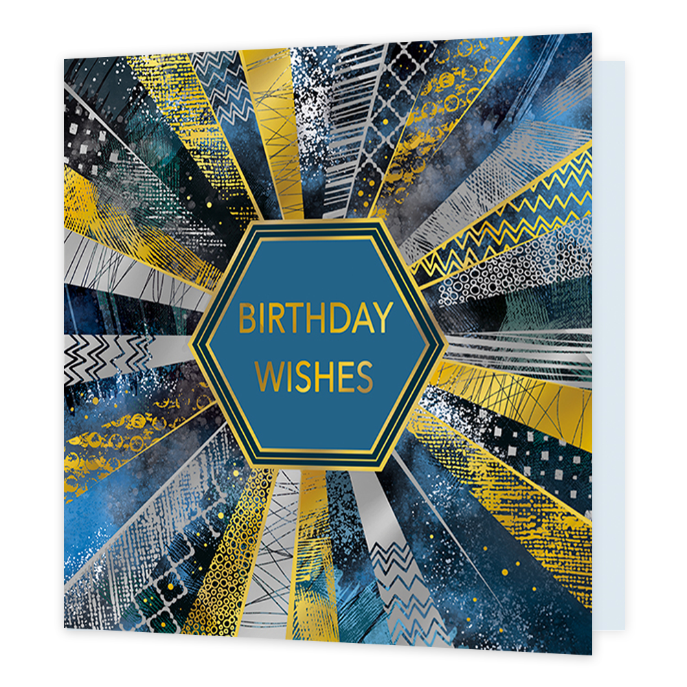 Birthday wishes - Formaat: Standaard - Vorm: Vierkant - Verjaardagskaart - Op deze kaart staat de tekst 'birthday wishes' in het goud met daaromheen een veelhoekig kader. Daaronder staan strepen die hier radiaal omheen lopen in blauwe en goude kleuren met patronen van vierkanten, driehoeken en cirkels erin. - Snelwenskaart