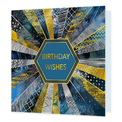 Birthday wishes - Formaat: Standaard - Vorm: Vierkant - Verjaardagskaart - Op deze kaart staat de tekst 'birthday wishes' in het goud met daaromheen een veelhoekig kader. Daaronder staan strepen die hier radiaal omheen lopen in blauwe en goude kleuren met patronen van vierkanten, driehoeken en cirkels erin. - Snelwenskaart
