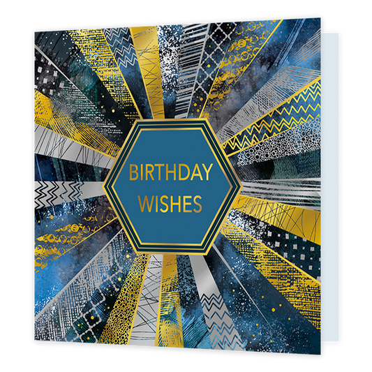 Birthday wishes - Formaat: Standaard - Vorm: Vierkant - Verjaardagskaart - Op deze kaart staat de tekst 'birthday wishes' in het goud met daaromheen een veelhoekig kader. Daaronder staan strepen die hier radiaal omheen lopen in blauwe en goude kleuren met patronen van vierkanten, driehoeken en cirkels erin. - Snelwenskaart