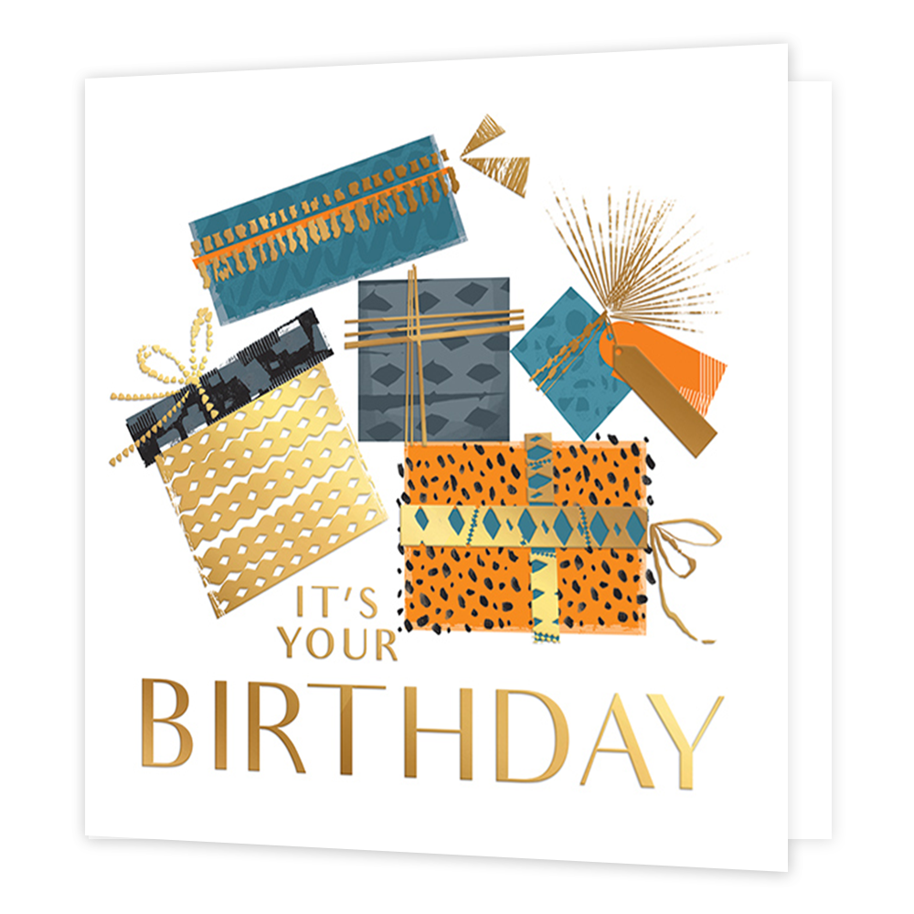 It's your birthday - Formaat: Standaard - Vorm: Vierkant - Verjaardagskaart - Op deze kaart staat de tekst 'It's your birthday' in het goud. Hierboven staan cadeaus in verschillende formaten en in de kleuren oranje, blauw, grijs en goud. Op de cadeaus staan patronen getekend. - Snelwenskaart