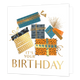 It's your birthday - Formaat: Standaard - Vorm: Vierkant - Verjaardagskaart - Op deze kaart staat de tekst 'It's your birthday' in het goud. Hierboven staan cadeaus in verschillende formaten en in de kleuren oranje, blauw, grijs en goud. Op de cadeaus staan patronen getekend. - Snelwenskaart
