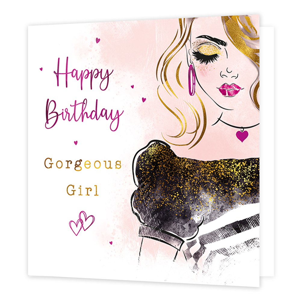 Happy birthday gorgeous girl - Formaat: Standaard - Vorm: Vierkant - Verjaardagskaart - Op deze kaart staat de tekst 'Happy birthday gorgeous girl' in het roze en goud met daaronder twee roze harten. Links daarnaast staat een dame die haar ogen dicht heeft met gouden en roze accesoires. - Snelwenskaart