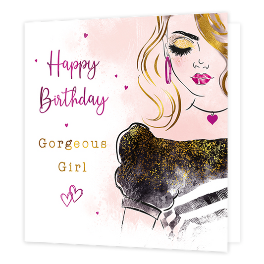 Happy birthday gorgeous girl - Formaat: Standaard - Vorm: Vierkant - Verjaardagskaart - Op deze kaart staat de tekst 'Happy birthday gorgeous girl' in het roze en goud met daaronder twee roze harten. Links daarnaast staat een dame die haar ogen dicht heeft met gouden en roze accesoires. - Snelwenskaart