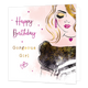 Happy birthday gorgeous girl - Formaat: Standaard - Vorm: Vierkant - Verjaardagskaart - Op deze kaart staat de tekst 'Happy birthday gorgeous girl' in het roze en goud met daaronder twee roze harten. Links daarnaast staat een dame die haar ogen dicht heeft met gouden en roze accesoires. - Snelwenskaart