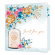 Just for you - Formaat: Standaard - Vorm: Vierkant - Denken aan kaart - Op deze kaart staat de tekst 'Just for you in het goud met sierlijke letters. Links daarnaast staan bloemen in de kleuren roze, blauw, oranje en goud in een vaas. - Snelwenskaart