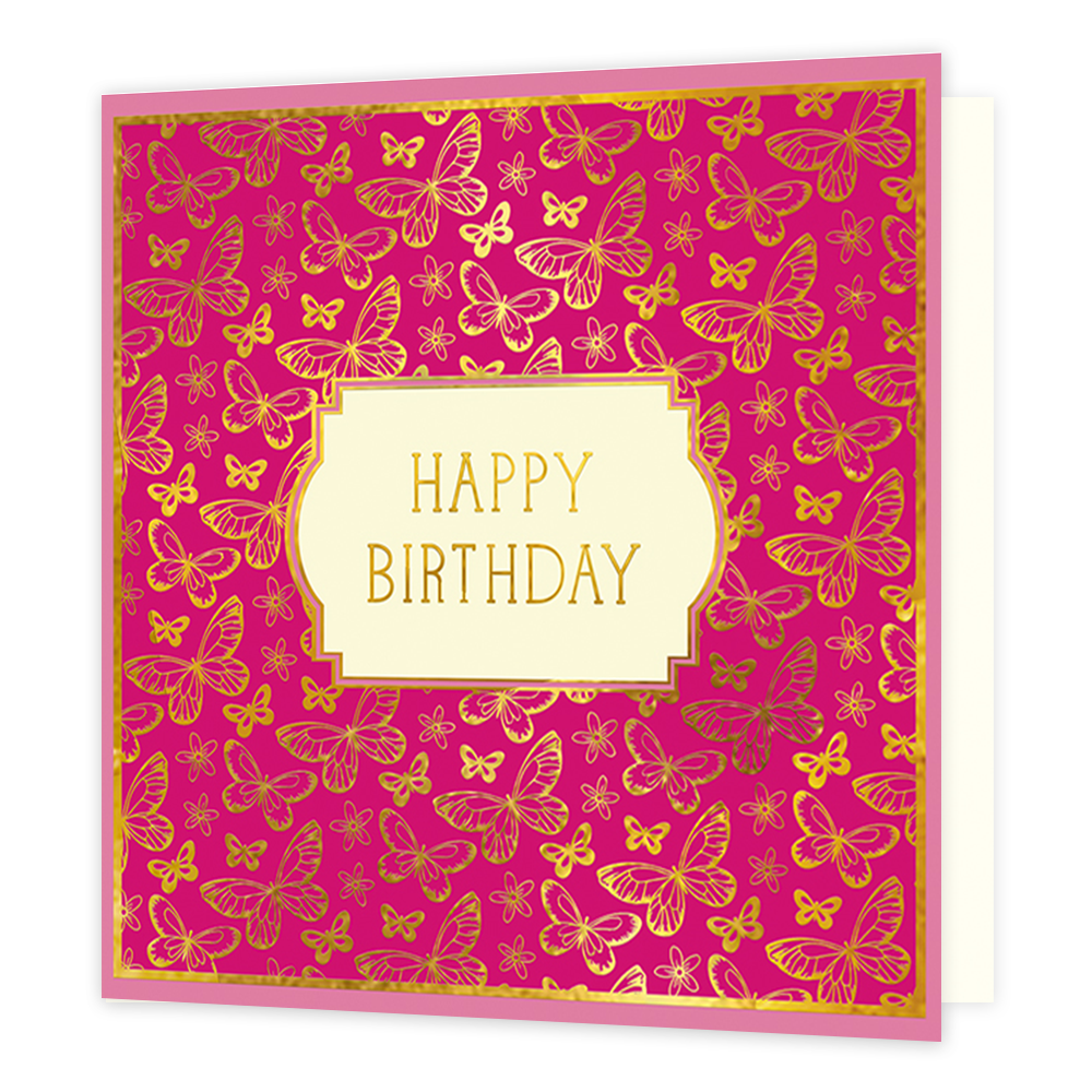 Happy birthday - Formaat: Standaard - Vorm: Vierkant - Verjaardagskaart - Op deze kaart staat de tekst 'Happy birthday' in goud in het midden. De tekst staat in een beige kader met een gouden rand eromheen. De achtergrond van de kaart is roze met hierop gouden vlinders en bloemen in verschillende formaten. Om heen geheel heen staat er nog een dunne gouden kader met daaromheen een wat dikkere lichtroze kader. - Snelwenskaart