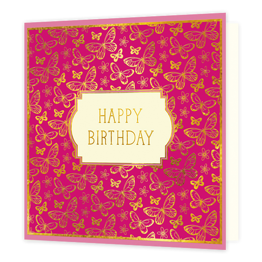 Happy birthday - Formaat: Standaard - Vorm: Vierkant - Verjaardagskaart - Op deze kaart staat de tekst 'Happy birthday' in goud in het midden. De tekst staat in een beige kader met een gouden rand eromheen. De achtergrond van de kaart is roze met hierop gouden vlinders en bloemen in verschillende formaten. Om heen geheel heen staat er nog een dunne gouden kader met daaromheen een wat dikkere lichtroze kader. - Snelwenskaart